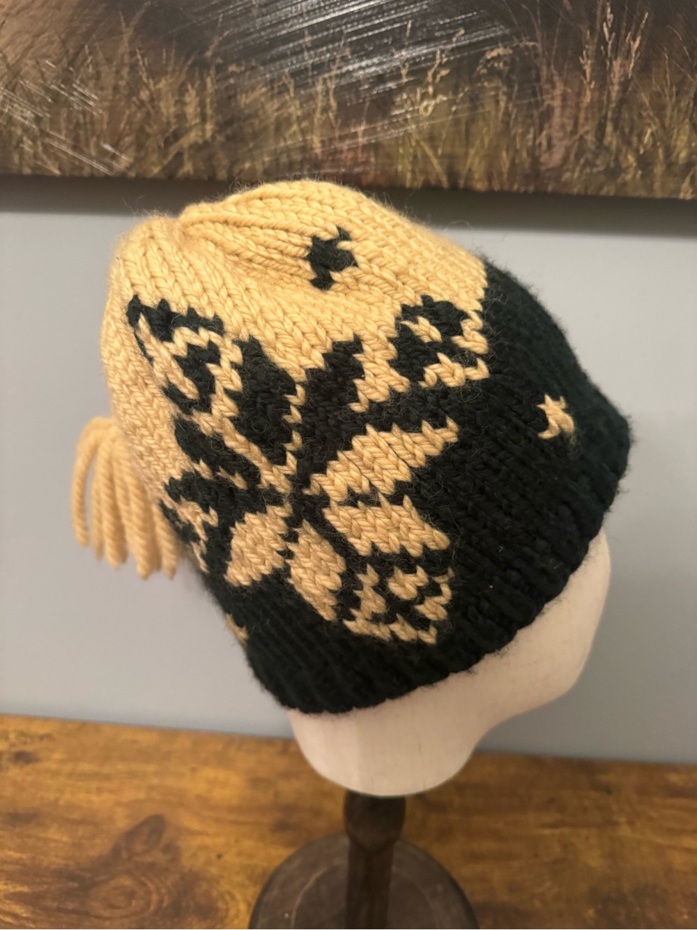 Polo Ralph Lauren Fair Isle Wool Beanie Hat‎ Black Tan Tassel Chunky Knit